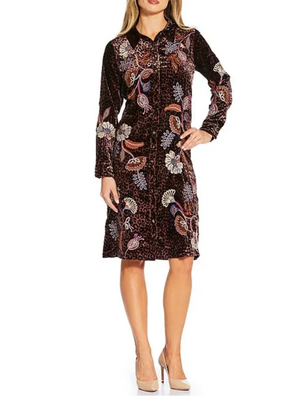 Johnny Was Medium Gineva Embroidered Floral Velvet Shirt Dress Misty Leopard NWT